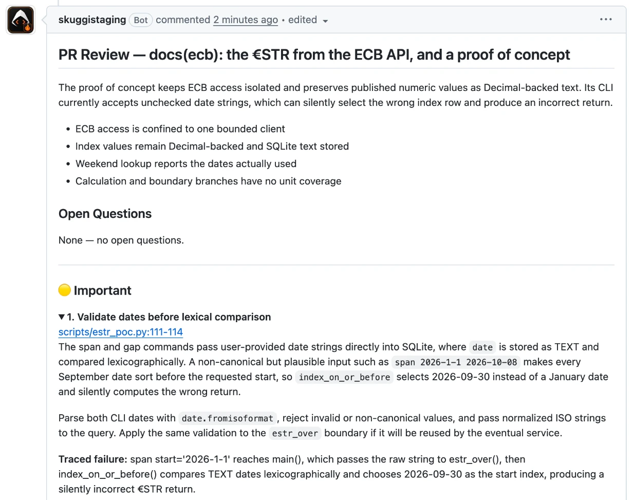 A Skuggi review comment on a GitHub pull request: a summary of the change, no open questions, and an important finding about validating dates before a lexical comparison, with the traced failure.