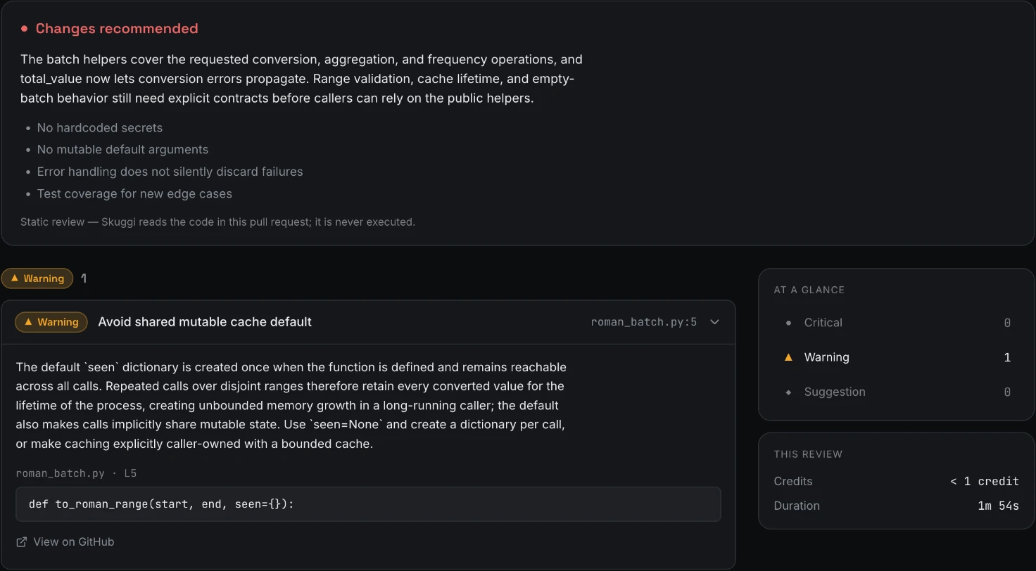 A Skuggi review in the dashboard: changes recommended on PR 178, one warning about a shared mutable cache default, with the code line, at under one credit and 1 minute 54 seconds.